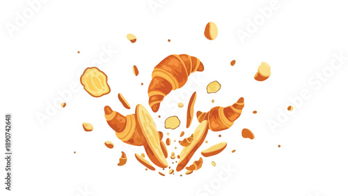 Dynamic vector art shows golden croissants, whole and fractured, in an appetizing explosion with flaky crumbs on white, perfect for bakery visuals.