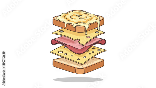 An artfully disassembled gourmet sandwich showcasing its delightful savory layers, perfect for a culinary infographic