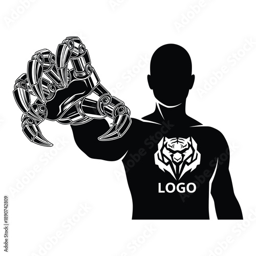 Man showing robotic hand with tiger logo on shirt