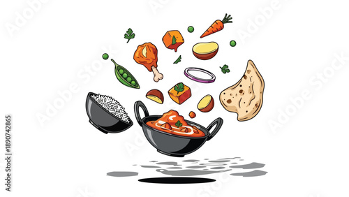 A vibrant culinary illustration showcasing diverse ingredients harmoniously creating a delightful meal experience with exotic flavors ready to be