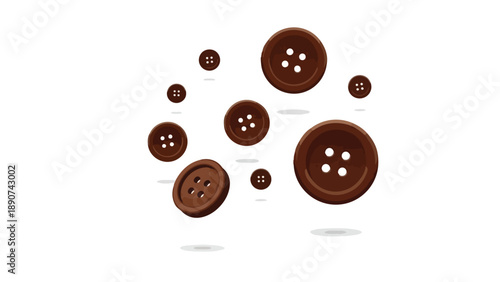 An illustrative graphic showcasing an array of brown buttons of varying sizes with four holes each gently suspended in a clean white space