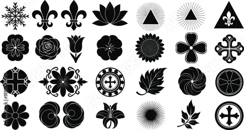 Abstract ornamental symbol vector set with floral religious geometric icons decorative black silhouettes collection