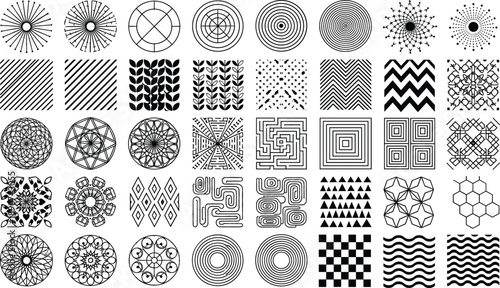 Abstract geometric pattern and symbol mega collection with circles squares stripes zigzag grids and intricate line art designs