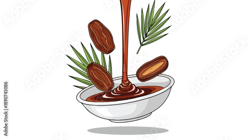 Date syrup pours into a white bowl, surrounded by dates and palm leaves, depicting natural sweetness. This artwork emphasizes organic goodness from