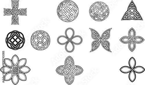 Celtic knot and ornamental cross symbol collection with intricate geometric line art decorative vector elements