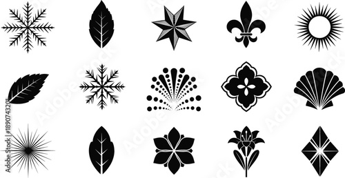 Decorative botanical symbol silhouette vector set with leaves flowers snowflakes and geometric ornaments isolated on white background illustration