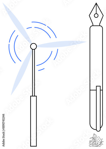 Renewable energy, creativity, eco-design, art concepts, innovation, sustainability. Wind turbine with spinning blades and a minimalistic fountain pen outline. Renewable energy and creativity concepts
