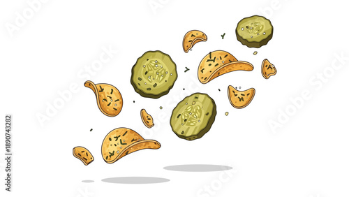 Vibrant illustration of snack chips and fresh cucumber slices floating dynamically