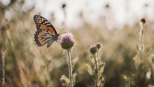 Monarch butterfly on a thistle flower in a field. Soft, warm light bathes the scene