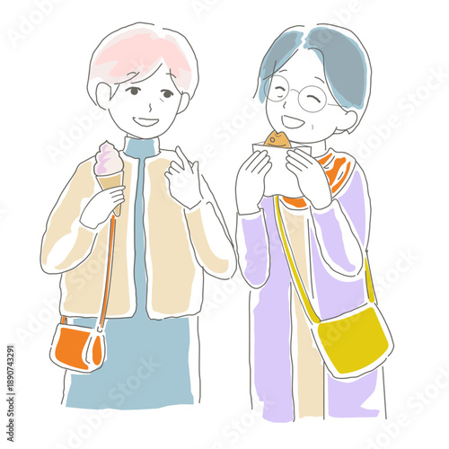 旅行やショッピング、街歩きを楽しんでいるシニア女性たちのイラスト