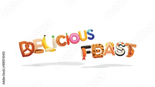 Vibrant typographic artwork spells 'Delicious Feast' with diverse appealing food items