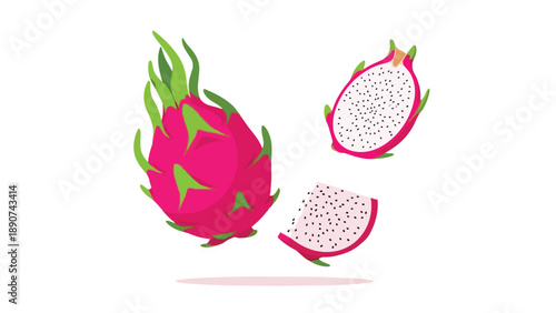 Vibrant pink pitaya fruit with succulent white pulp and black seeds in a fresh, illustrative composition