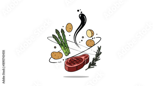 A vibrant and artfully composed culinary illustration showcasing a delicious grilled steak, fresh green asparagus spears, rustic potatoes, and