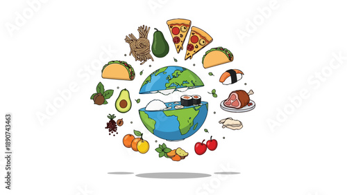 Global Gastronomy Illustrated: A Vibrant Depiction of Planet Earth Split to Reveal Abundant World Cuisines, Highlighting Diverse International Food