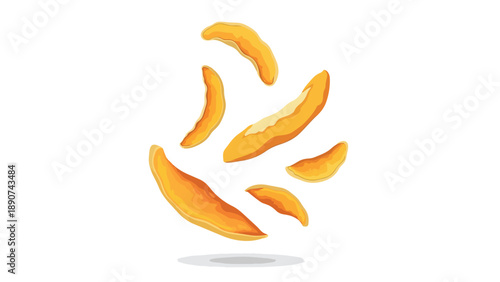 Vibrant golden-orange fruit slices dynamically float against a pristine white background, perfect for healthy eating, tropical themes, and fresh