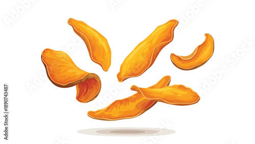 Crispy golden sweet potato chips flying in an inviting arrangement showcasing their delicious texture and wholesome appeal as a delightful snack