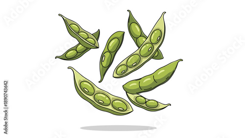 Vibrant green soybean pods and individual beans scattered, illustrating fresh harvest and healthy plant-based food options, clean white background,