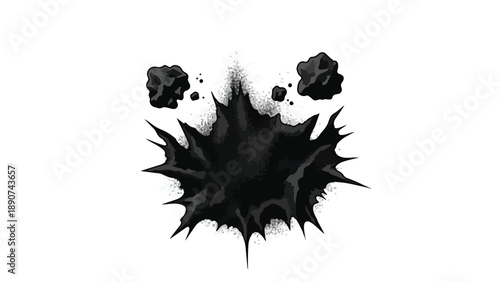 Powerful abstract dark explosion graphic illustrating a central jagged ink-like form surrounded by chaotic flying debris, conveying a sudden burst