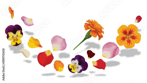 Harmonious artistic display of vibrant floral elements, embodying nature's ephemeral beauty with delicate petals and blossoms in a graceful floating