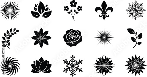 Decorative floral and abstract vector icon set with lotus roses snowflakes and ornamental black silhouettes