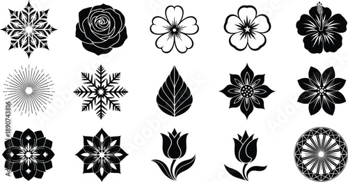 Decorative floral and botanical vector icon set with roses snowflakes tulips leaves and ornamental silhouettes