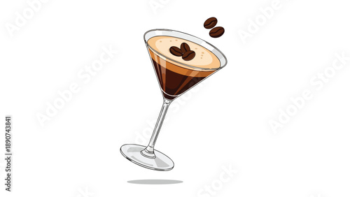 An elegant vector illustration of a rich espresso martini cocktail with floating coffee beans, showcasing a classic drink in a modern artistic style