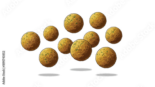 An illustration of golden brown savory food balls with green specks, possibly falafel or meatballs, dynamically floating against a clean white