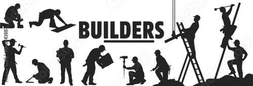 Builders silhouettes with tools forming construction teamwork concept, workers on ladders, scaffolding and ground tasks, industrial labor illustration isolated black