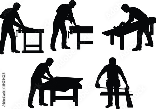Carpenter woodworking silhouettes using hand tools, craftsmen cutting and shaping wood on workbenches, workshop labor isolated on white background