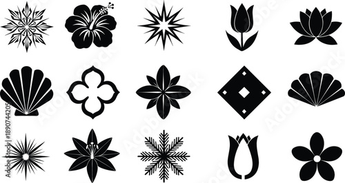 Abstract floral and geometric decorative vector icon set with botanical shapes and minimalist black silhouettes