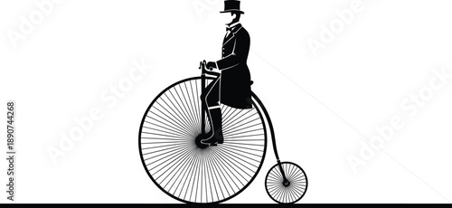 Victorian Gentleman Riding Antique Penny Farthing High Wheeler Bicycle Silhouette Vintage Retro Cycling History Icon Isolated On White Background Graphic.