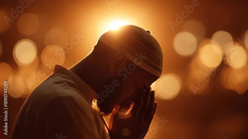 Muslim man praying at night with beautiful golden bokeh light