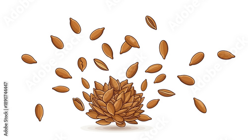 A lively artistic illustration showcasing an explosion of nutritious brown flax seeds, originating from a central cluster and spreading dynamically,