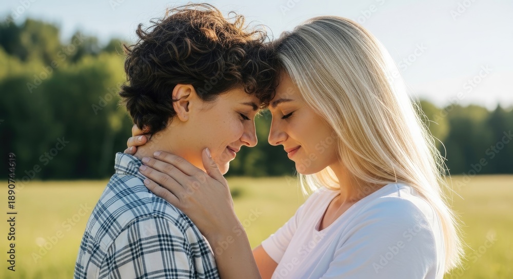 Fototapeta premium Two women embracing in a field with green trees in the background.