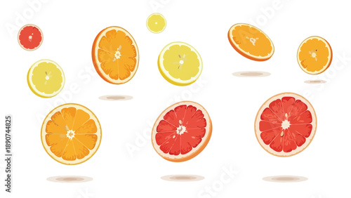 Fresh vibrant citrus slices of orange, lemon, and grapefruit in a clean flat illustration style, floating on a pure white backdrop, showcasing