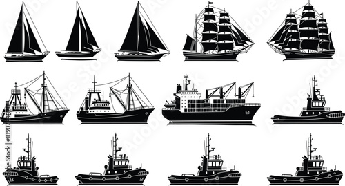 Vector Silhouette Set of Maritime Vessels Including Sailboats Tall Ships Fishing Trawlers Cargo Containers and Industrial Tugboats for Marine Design