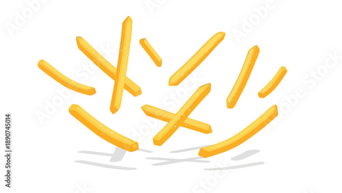 Golden fried potato sticks scattered dynamically across a pristine white backdrop, capturing the essence of a crispy, salty, delicious snack food