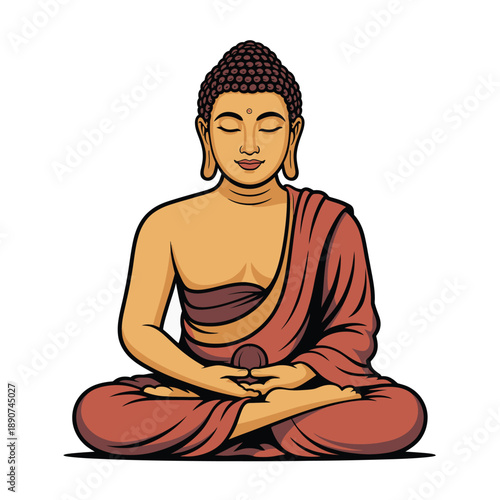 A serene illustration of Buddha sitting in meditation on a white background
