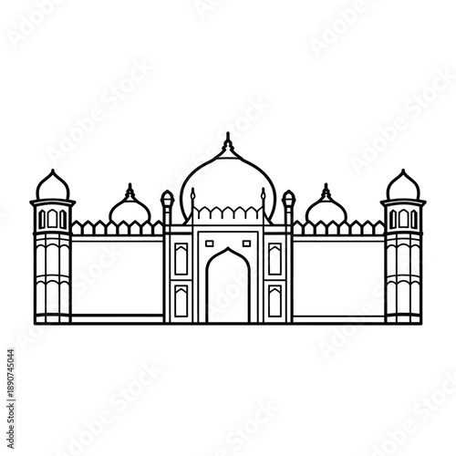 A black and white line drawing of the Taj Mahal, a famous Indian monument.