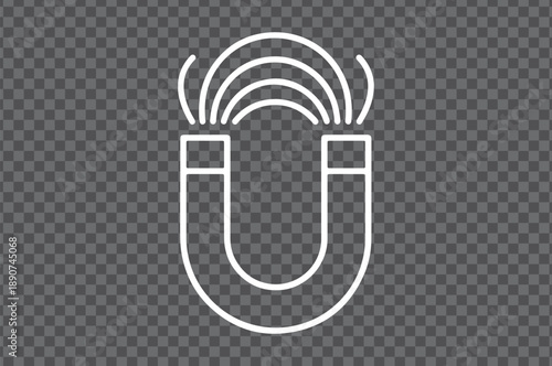 A white outline icon of a u-shaped horseshoe magnet. Minimalist white line art symbol of a horseshoe magnet.