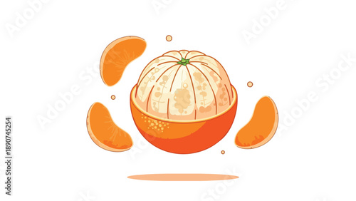 Freshly peeled citrus fruit with zest and juicy segments in a lively illustration