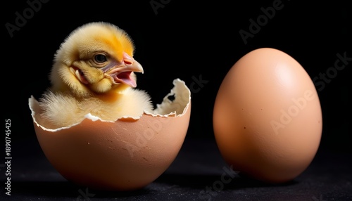 new hatched baby chicken out of an egg shell, isolated on black background., created with generative ai