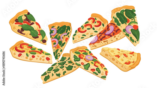 A delightful collection of assorted colorful pizza slices featuring diverse vegetable toppings arranged artistically on a pure white background for