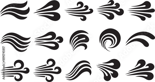 Collection of abstract black swirling motion graphic design elements