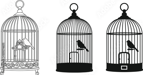 Vintage Bird Cage Vector Set with Detailed Scrollwork and Silhouette Icons Isolated on White for Decoration Logo and Graphic Design