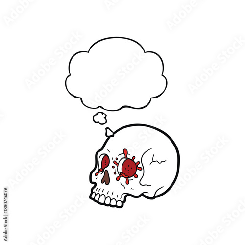 Cartoon skull with virus infection and thought bubble