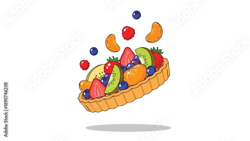 Exquisite fruit tart illustration brimming with colorful fresh berries, kiwi, and citrus