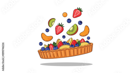 An exquisite culinary illustration showcasing a vibrant assortment of fresh, colorful fruits gracefully descending upon a delightful golden pastry