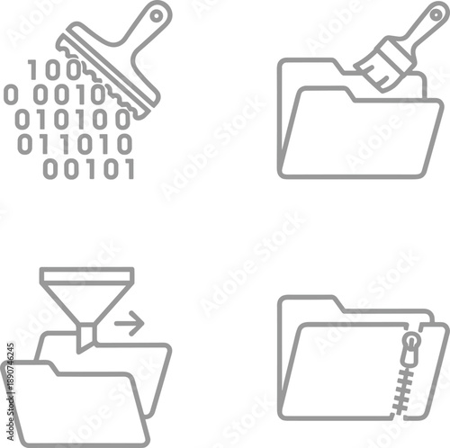 Data cleaning and file management line icons set representing maintenance organization processing and workflow flat vector illustration