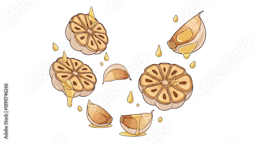 Artistic illustration of sliced garlic bulbs and cloves dripping with golden liquid for culinary and wellness concepts